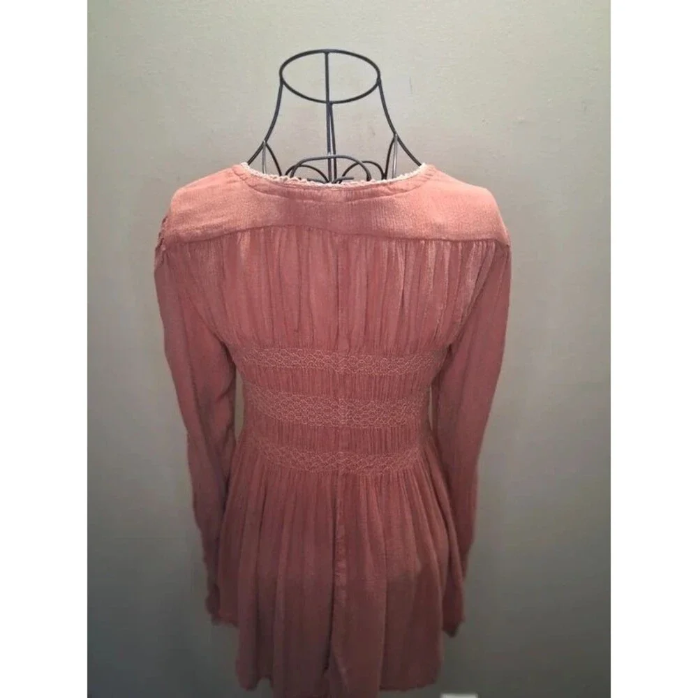 Y2K Vintage Smocked Peasant Tunic Top S/P Rose Brown Boho